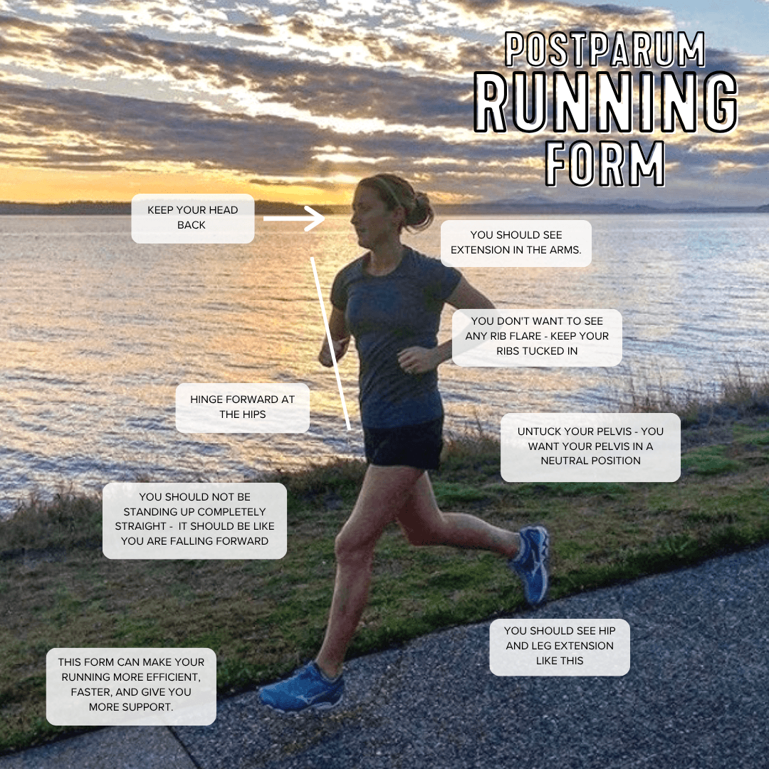 For good postpartum running form, keep your head back, you should see extension in the arms, you don't want to see any rib flare - keep your ribs tucked in, hinge forward at the hips, untuck your pelvis - you want your pelvis in a neutral position