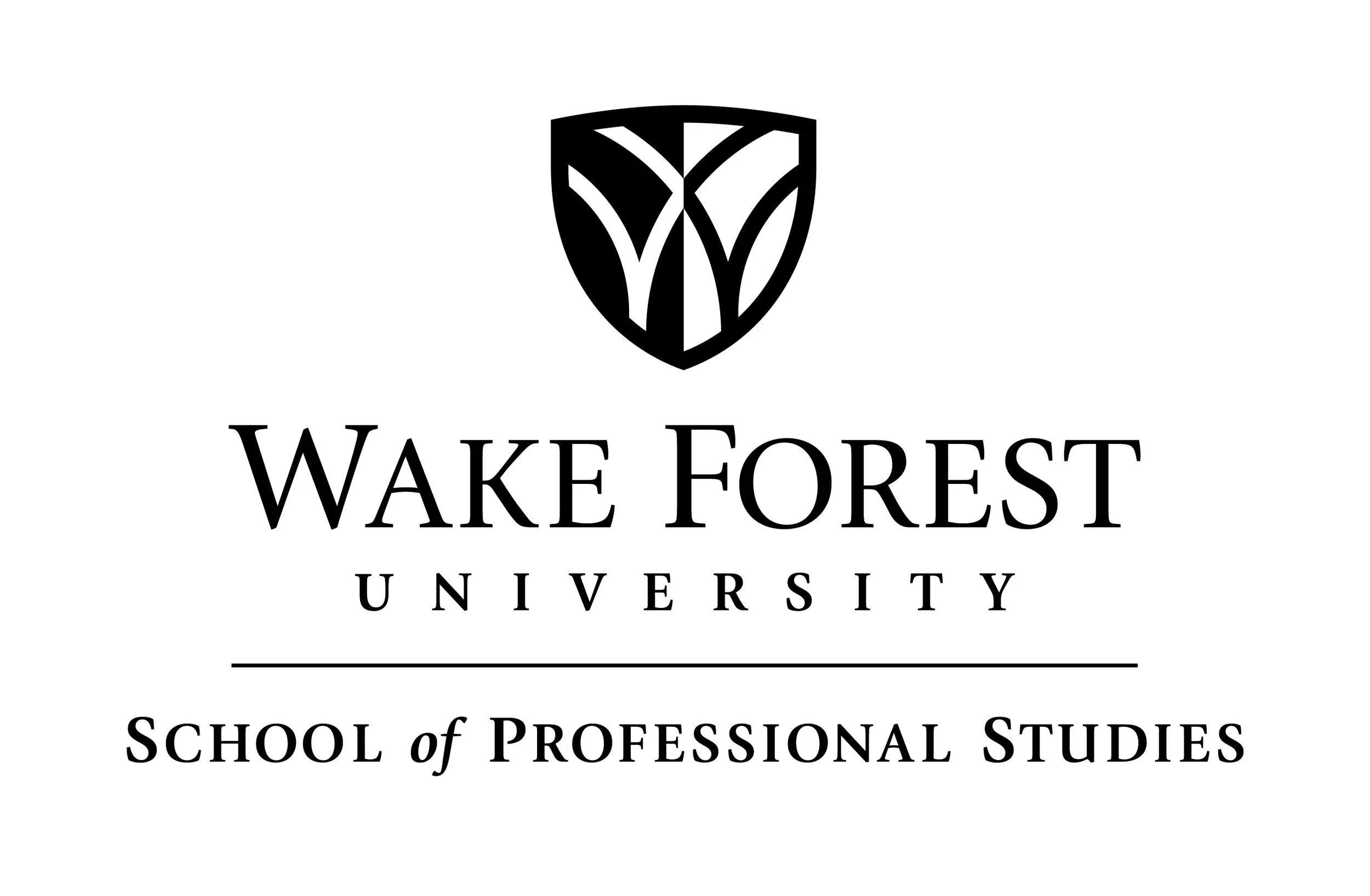 Wake Forest University School of Professional Studies logo, featuring a black shield above the university name in black text on a white background.