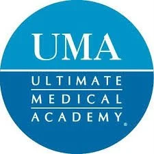 Blue circular logo for UMA Ultimate Medical Academy with white text