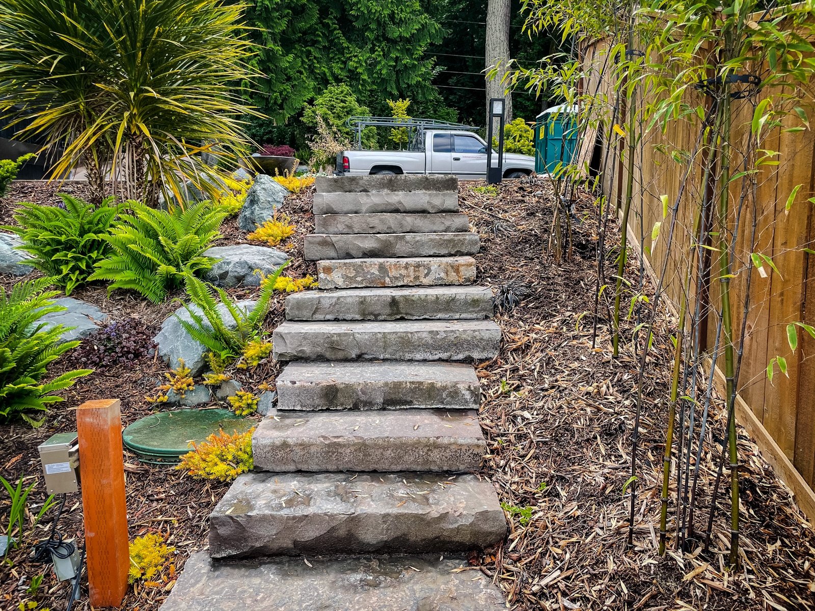 Stone stairs with bamboo on the side.