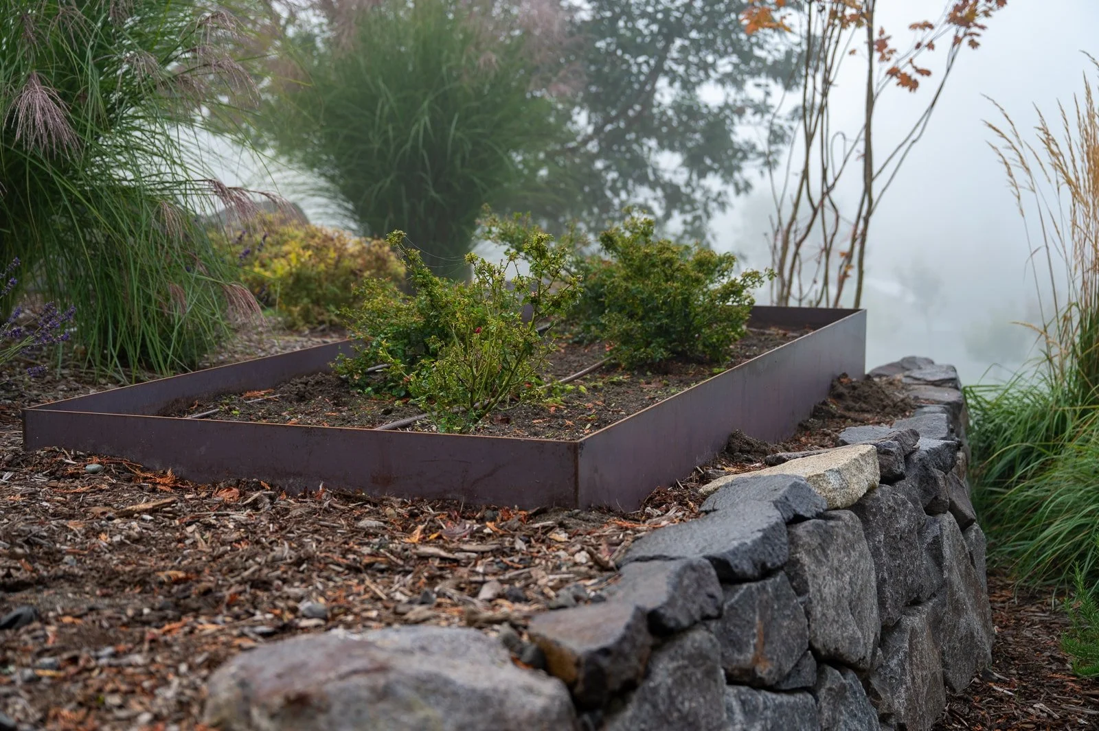 Custom welded veggie beds with native plants surrounding it and a stacked stone retaining wall.jpg