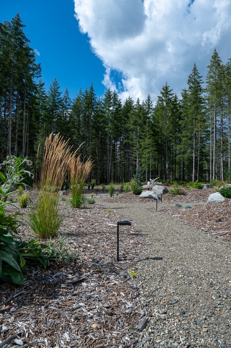 Modern LED light along a garden path.