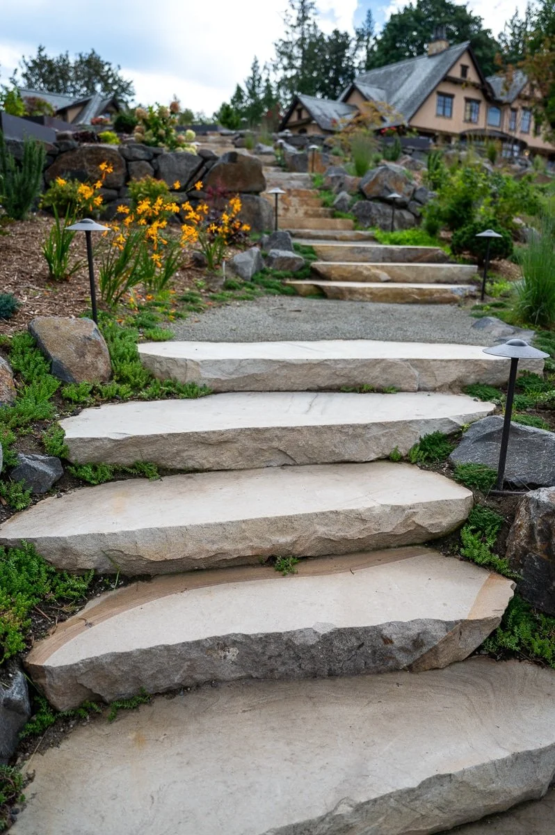 Winding stone stairs.