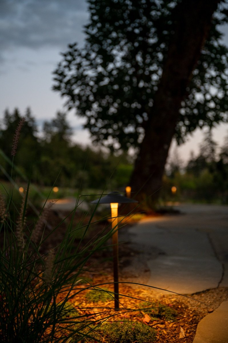 Soft LED lights surrounding a slate patio.