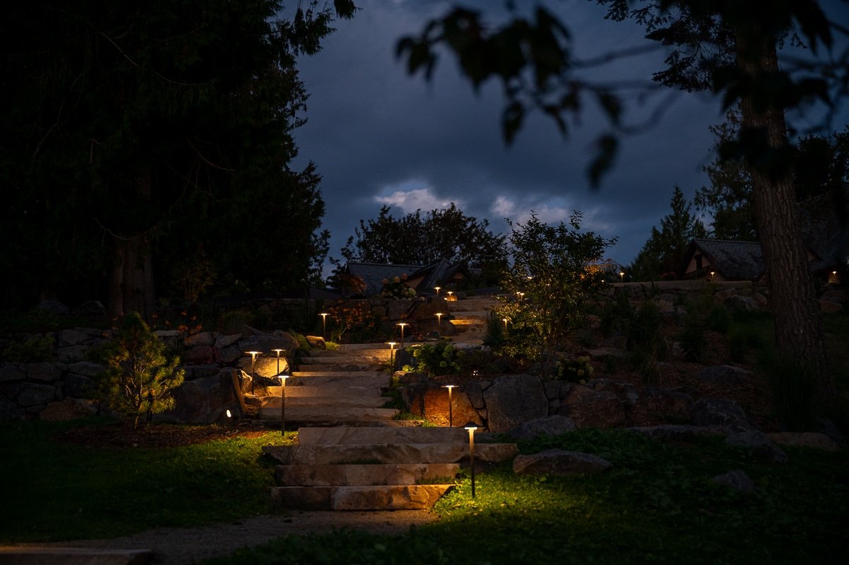 Large wedding venue on Bainbridge Island with lit pathways.
