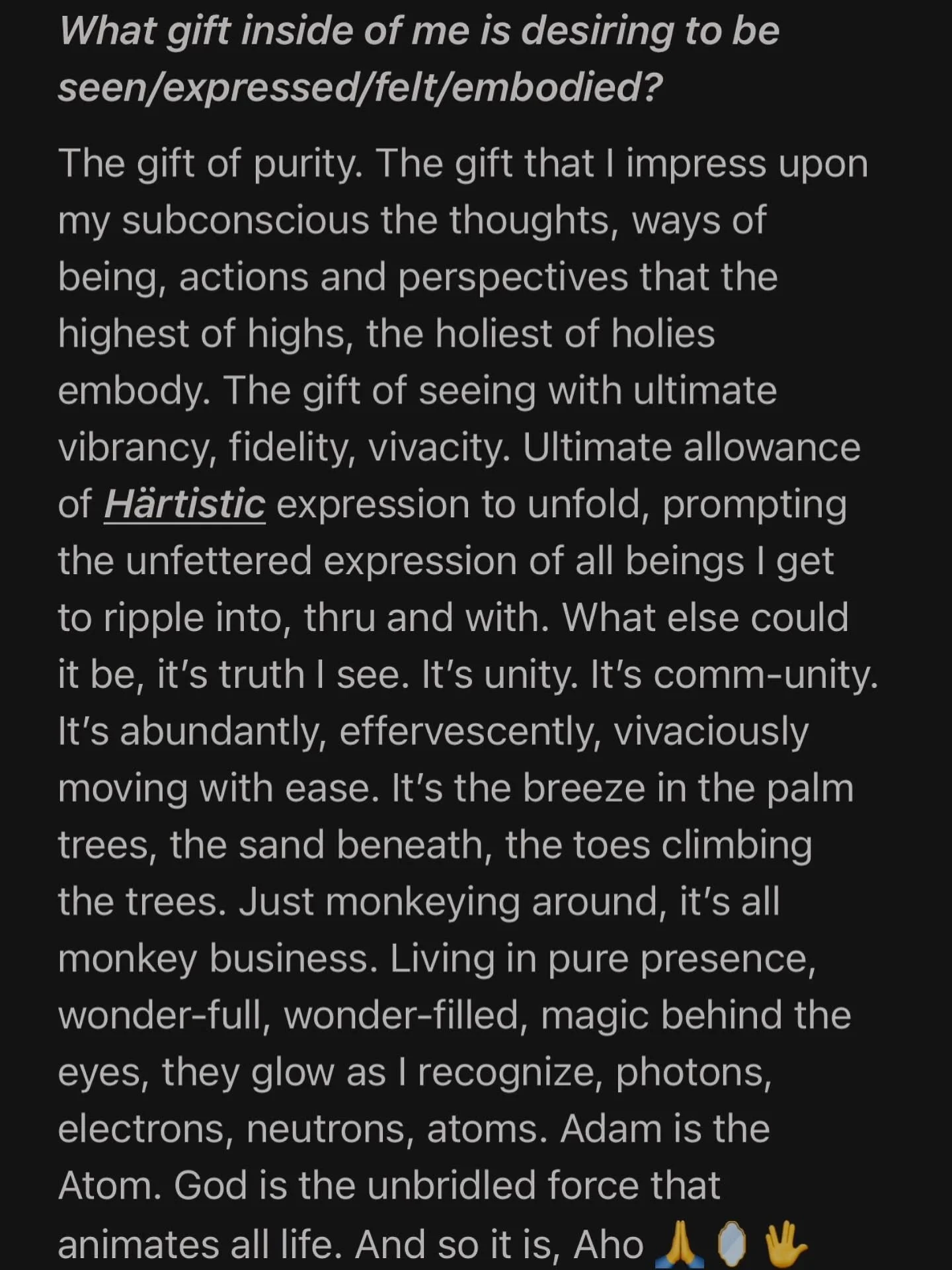 What gift inside of me is desiring to be seen/expressed/felt/embodied? 

It&rsquo;s an honor to see and be seen. To witness and be witnessed. Ok, your turn&hellip; go for it&hellip; you got this!! ⚡️❤️&zwj;🔥🙌 

Movement, mindset, meditation and jou