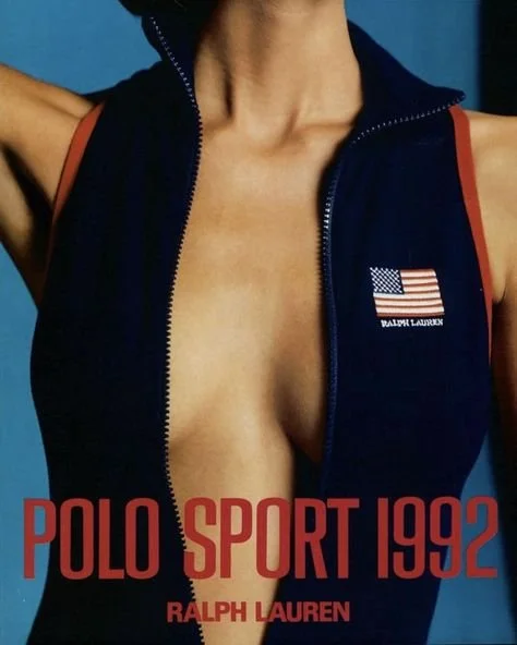 Polo Sport 1992 Ralph Lauren advertisement with American flag logo on zip-up outfit.