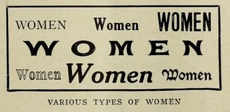 "Women" written in various fonts and styles with the text "Various Types of Women" below.