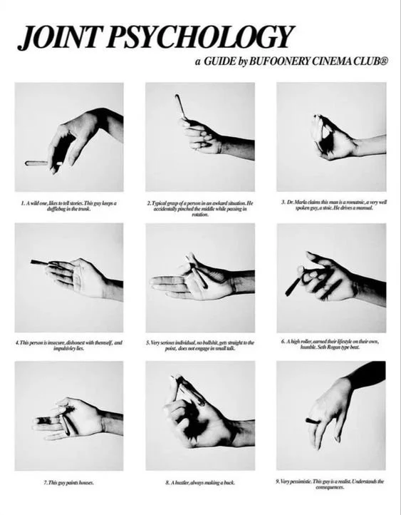Visual guide titled 'Joint Psychology' by Buffoonery Cinema Club, featuring nine black-and-white images of hands holding cigarettes with humorous captions analyzing personality traits.