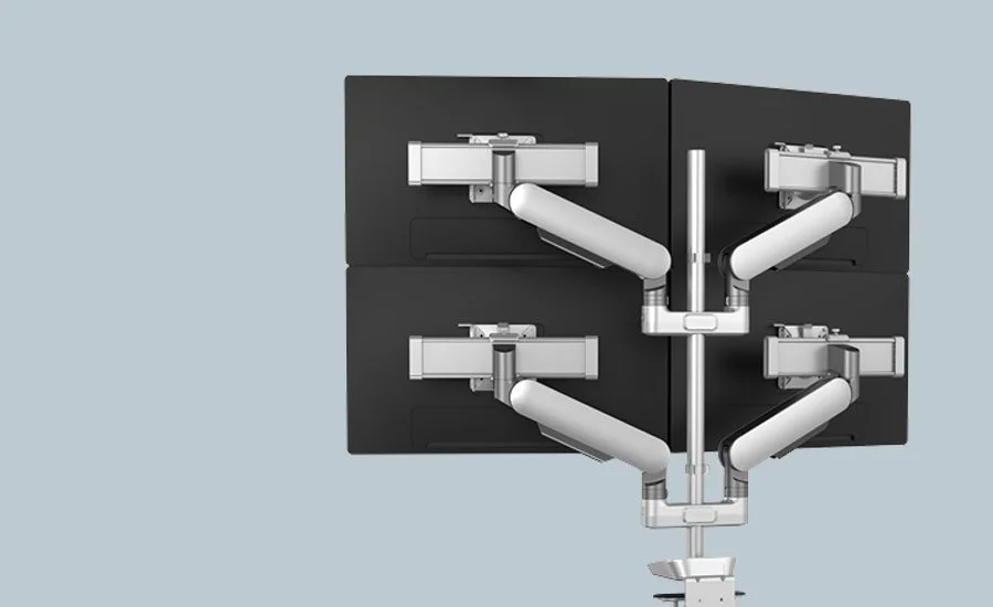 A mechanical device with multiple arms and screens on a light blue background.