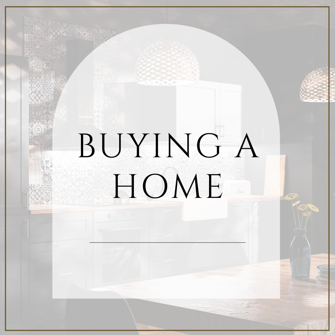 Modern kitchen background with text 'Buying a Home' on overlay.