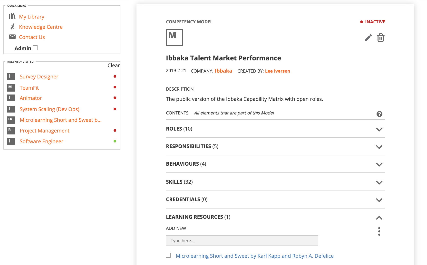 The Ibbaka Competency Model on the Ibbaka Platform