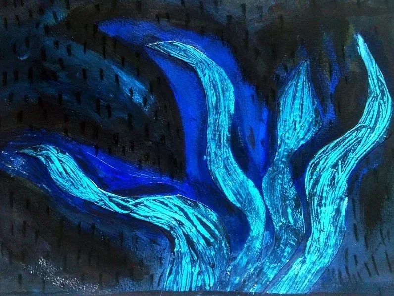 Drawing of a blue flame on a dark background by Jennifer Badot