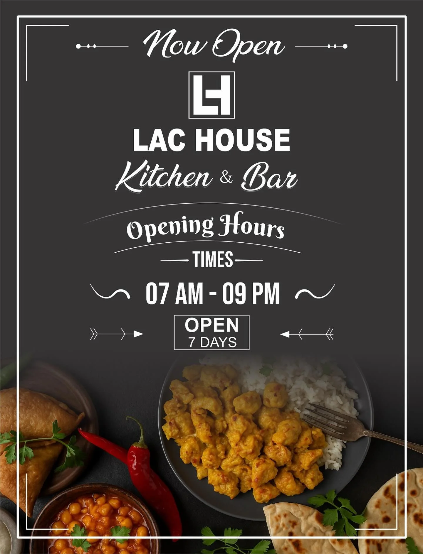 A chalkboard-style sign announcing the opening of Lac House Kitchen & Bar, with details about its hours and located food items including rice, curry, and bread.