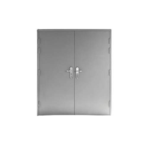 Double gray metal door with a handle on each side