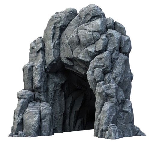 A large, irregularly shaped gray rock formation with an opening resembling a cave.