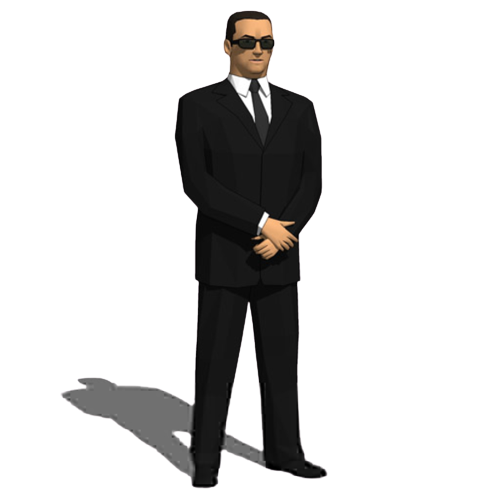 A cartoon man in a black suit and sunglasses standing with his hands clasped in front of him.