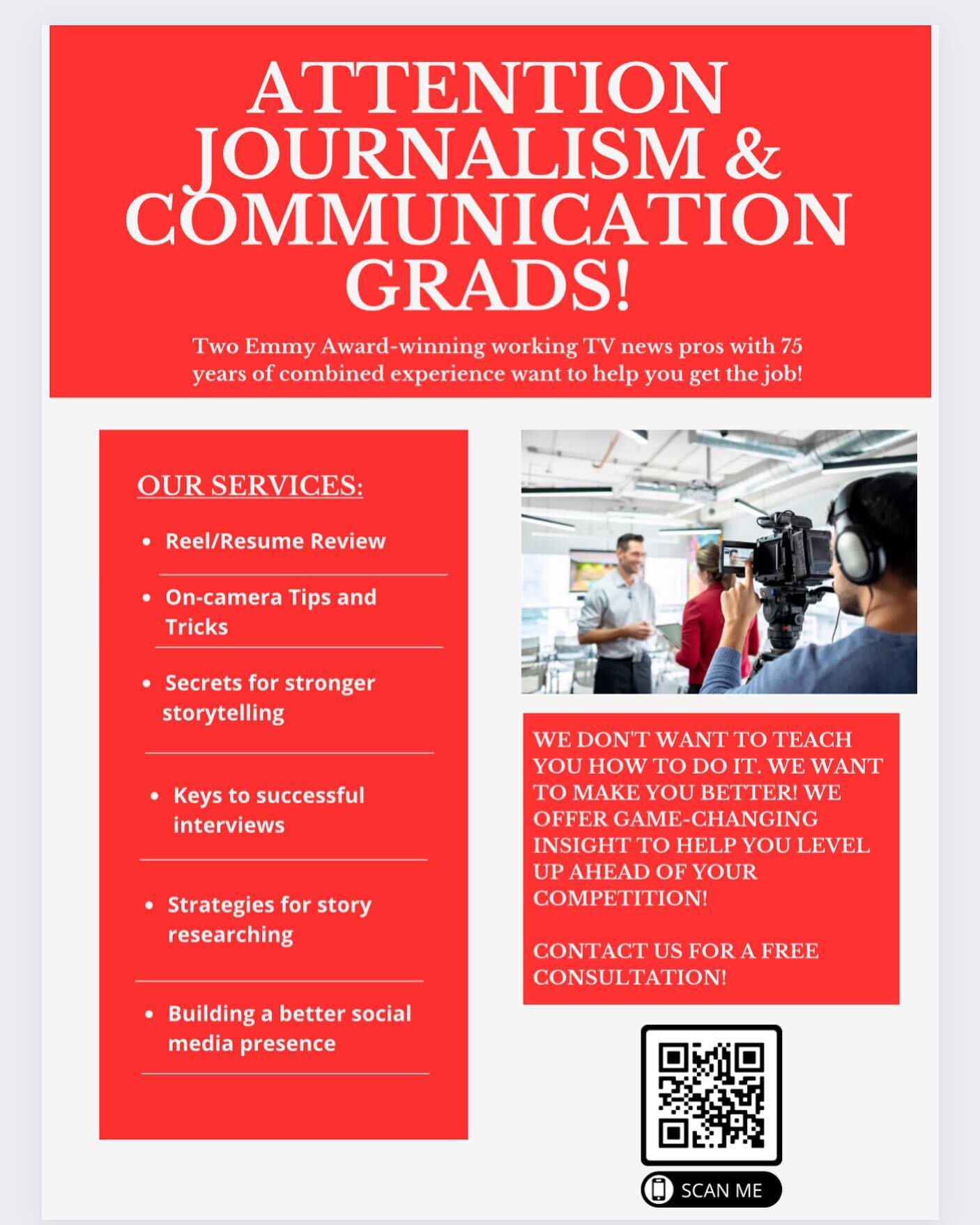 ATTENTION NEW JOURNALISM &amp; COMMUNICATION GRADS! 
Let us help you land that job! 
We don&rsquo;t want to teach you how to do it&hellip; We want to make you better!!! Contact us! 

#tvnews 
#mediaarts
#journalism 
#youtubers 
#broadcastjournalism