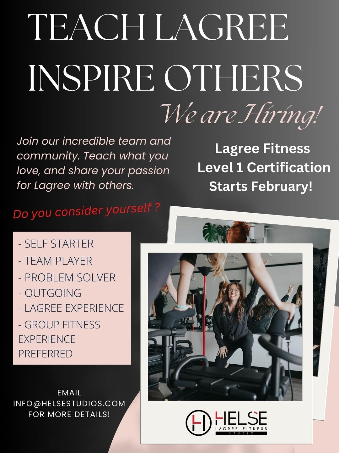 Love Lagree?! Can't live without it?  It's time to take the leap! ⁣
Join the incredible Helse | Lagree Fitness Bozeman team!  We are on the lookout for dynamic individuals to join our crew. 

Connect with us by emailing info@helsestudios.com to find 