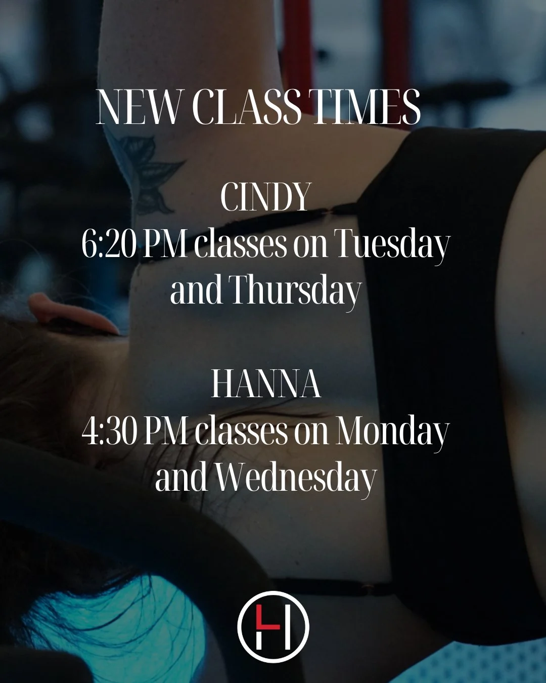 New class times for our newest instructors who have joined the team! 

Catch Cindy at 6:20 on Tuesdays and Thursdays for Abs and Booty and Total Body Burn! 

Grab your spots with Hanna for 4:30 on Mondays and Wednesdays! She'll be teaching Arms and A