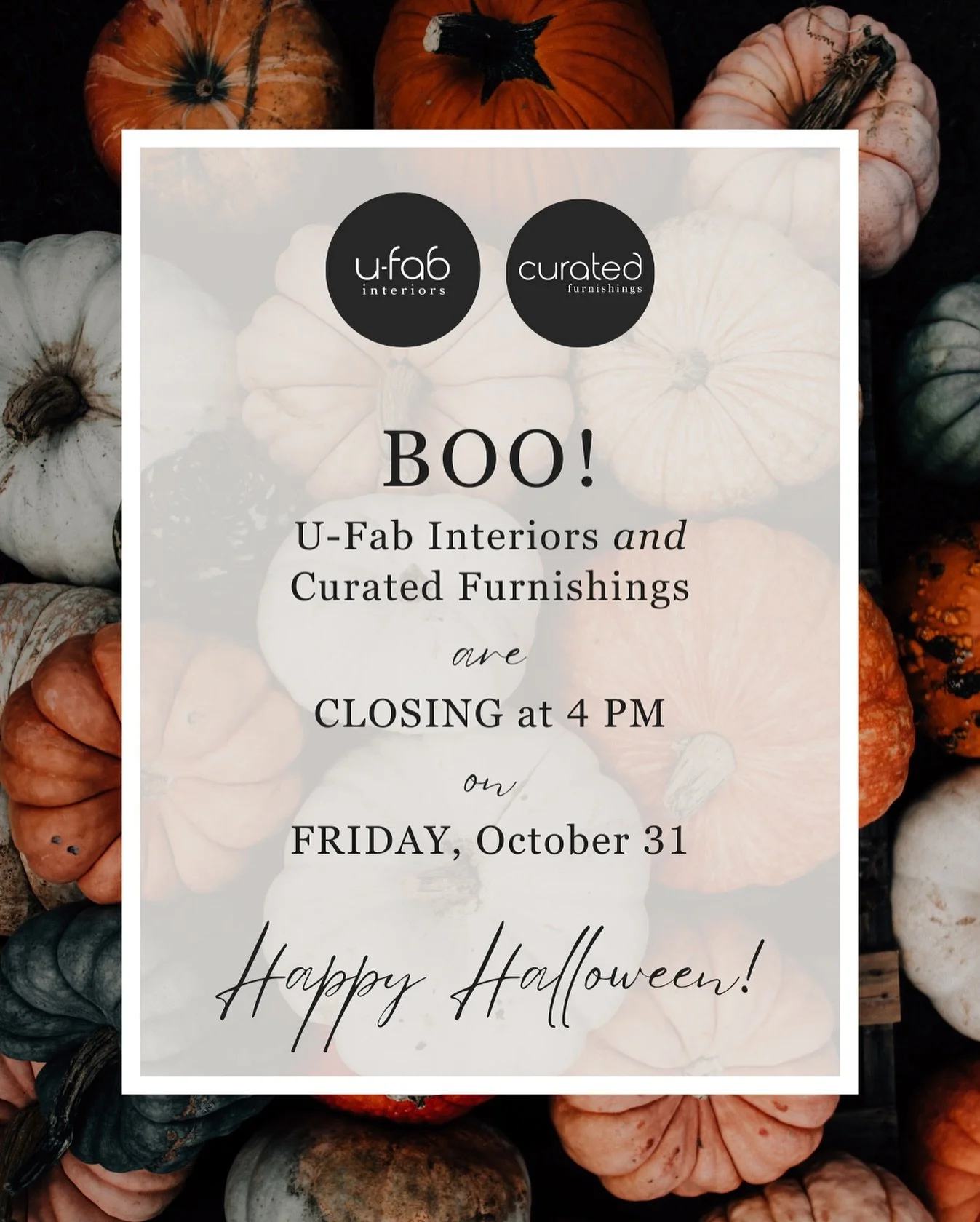 Both @ufabinteriors and @shopcuratedfurnishings will be closing at 4 PM this Friday, October 31st, to give our staff a little extra time to celebrate Halloween with family and friends! 🎃 We hope you have a safe and spooky Halloween!