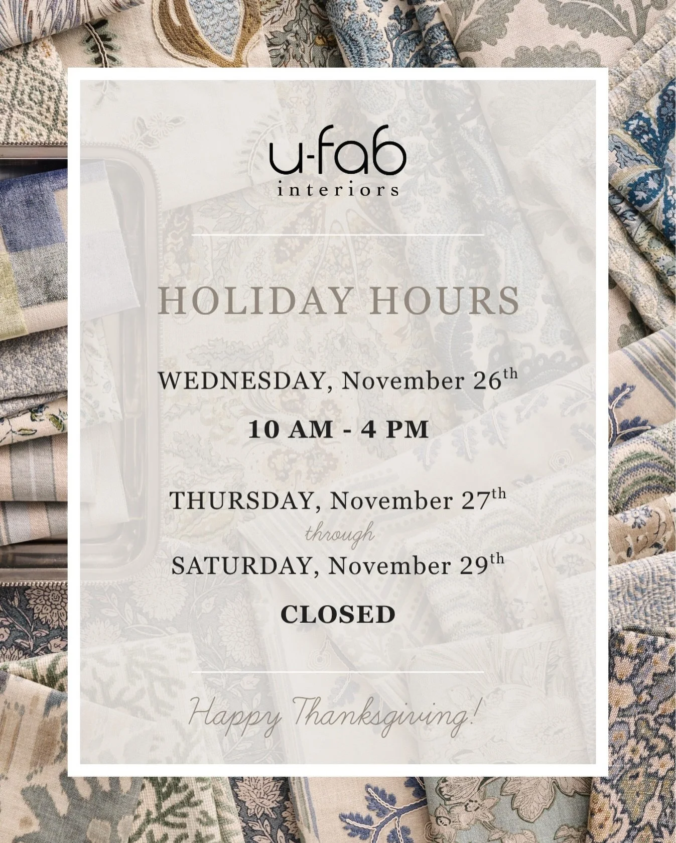 Please note our upcoming holiday hours! We&rsquo;ll be closed Thursday-Saturday for Thanksgiving break, but until then, we&rsquo;re here to help you get your space ready for guests! Stop by the showroom this week to grab drink tables, pillows, and al