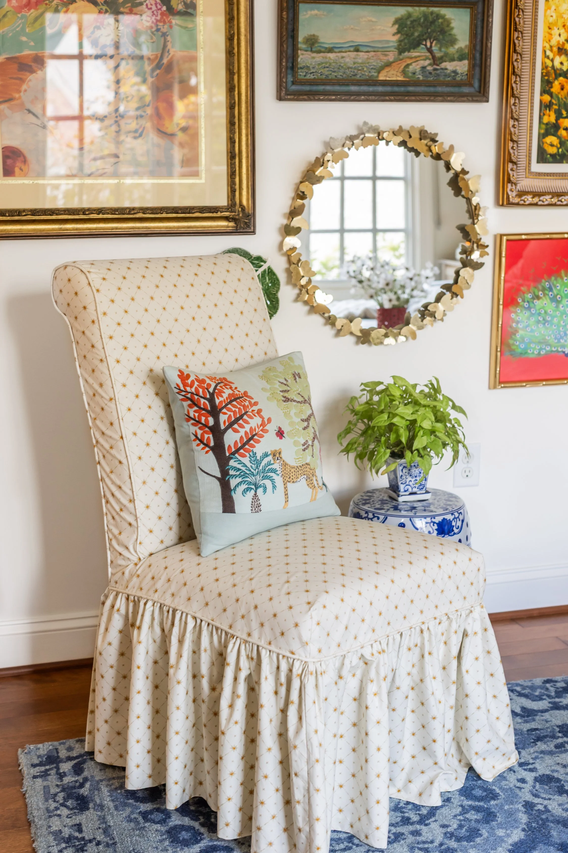 Slipcovered entryway chairs in Vervain fabric with tailored slipcovers by Bob McRae.