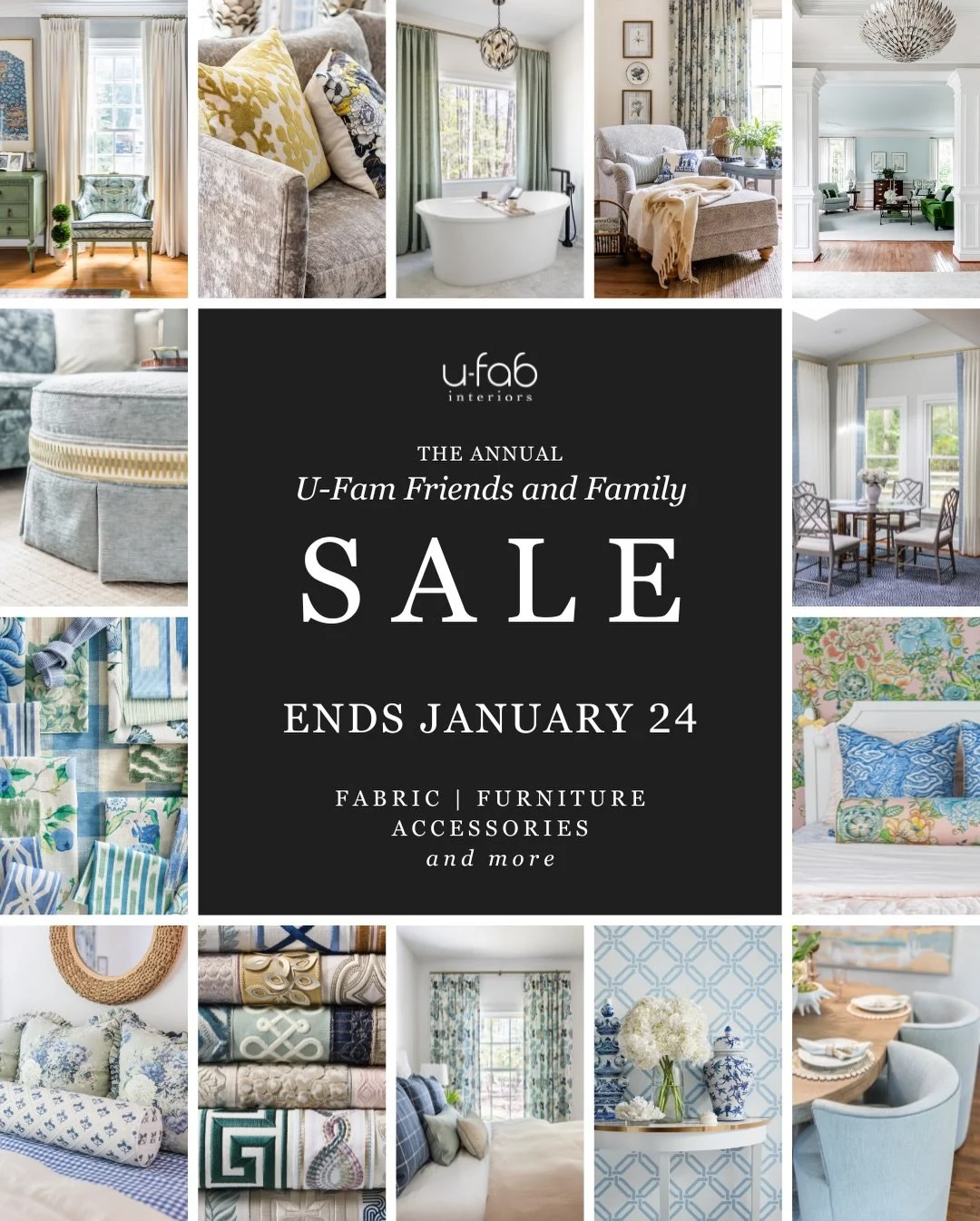 There&rsquo;s still time to save! The U-Fam Sale is on now, with savings on just about everything in store.

Don&rsquo;t miss your chance to save:
-10% on all custom furniture 
-10% on all fabric and trim, with an extra 10% off when you place a custo