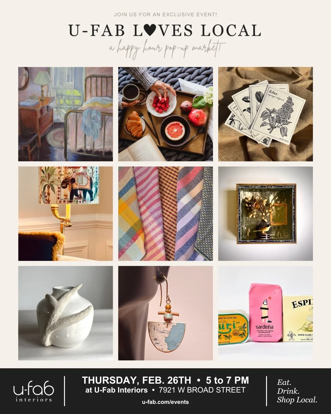 Get ready to eat, drink and shop local! U-Fab Loves Local returns on Thursday, February 26th. We&rsquo;re thrilled to announce that @tuckahoeseafood has joined our vendor lineup and will be serving complimentary small bites!

Our Happy Hour Pop-Up Ma