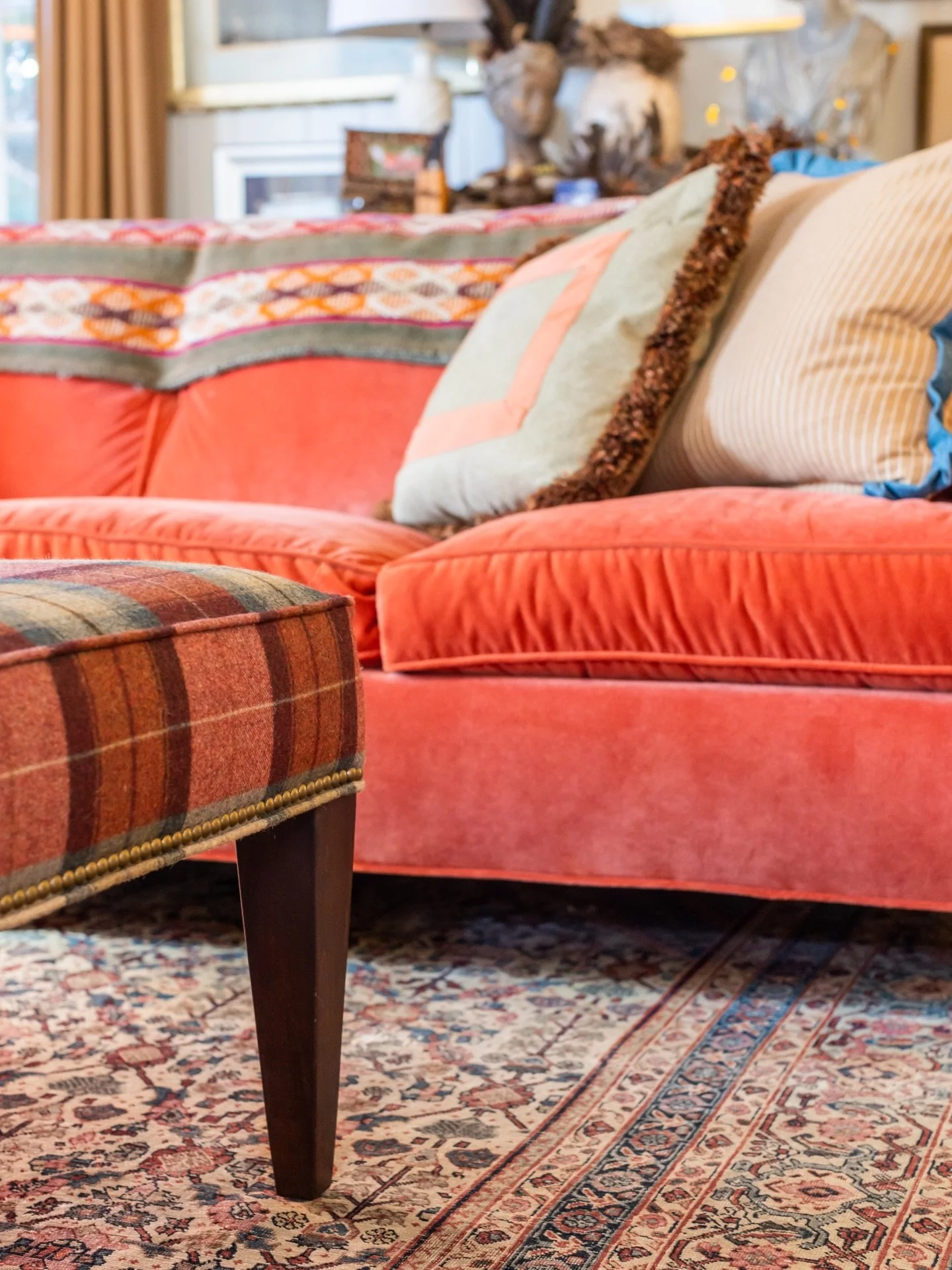 We&rsquo;re in 💘 with this vibrant, beautifully layered den! Featuring rich velvet upholstery, a custom @leeindustries ottoman, and loads of custom pillows, it&rsquo;s the perfect blend of comfort and personality. 

Design Consultant: Diana Vicenti
