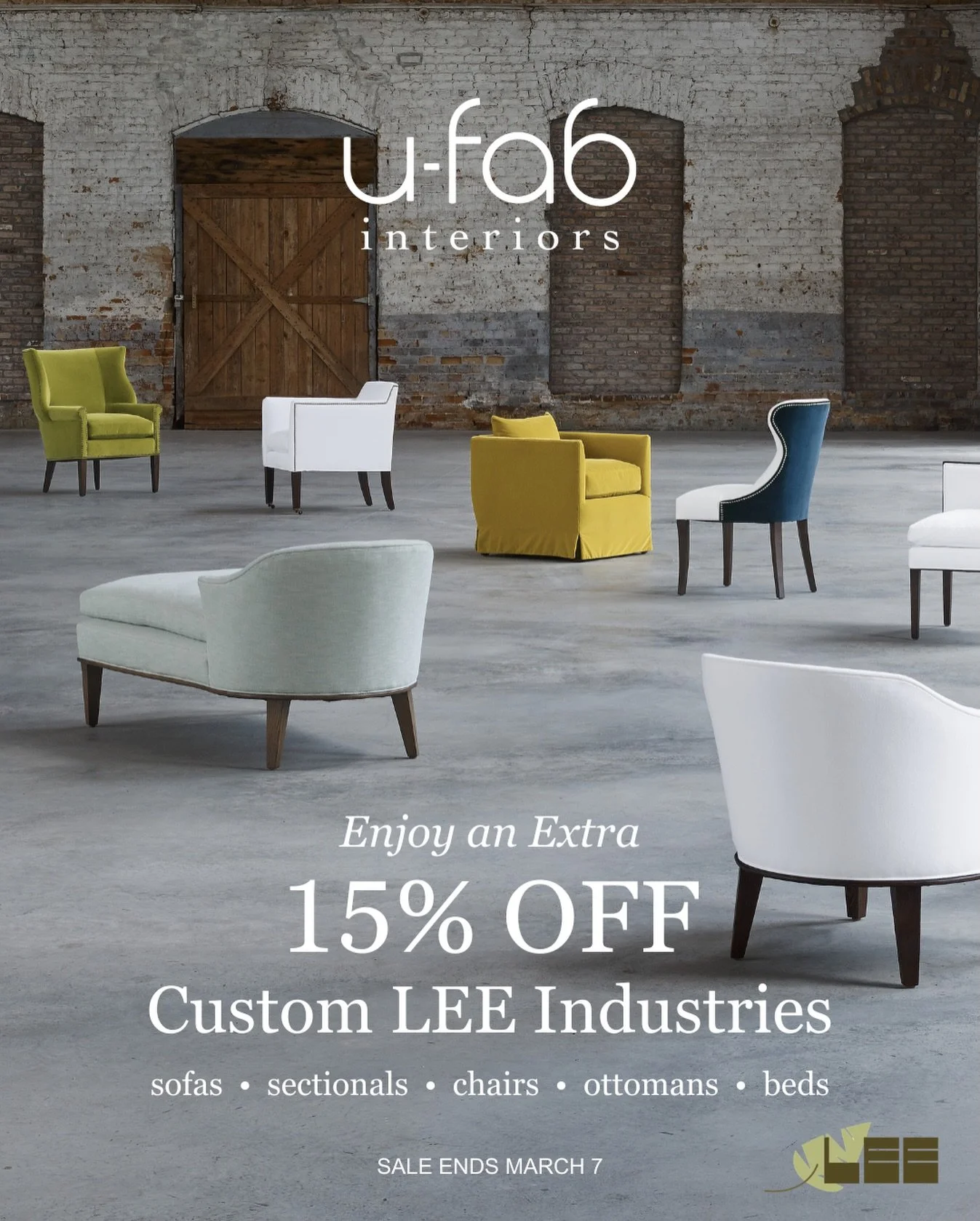 Iconic upholstery, handcrafted in the USA. From February 21 - March 7, enjoy an extra 15% OFF all custom sofas, sectionals, chairs, ottomans, and beds from @leeindustries, only at U-Fab Interiors.

Now&rsquo;s the perfect time to personalize a piece 