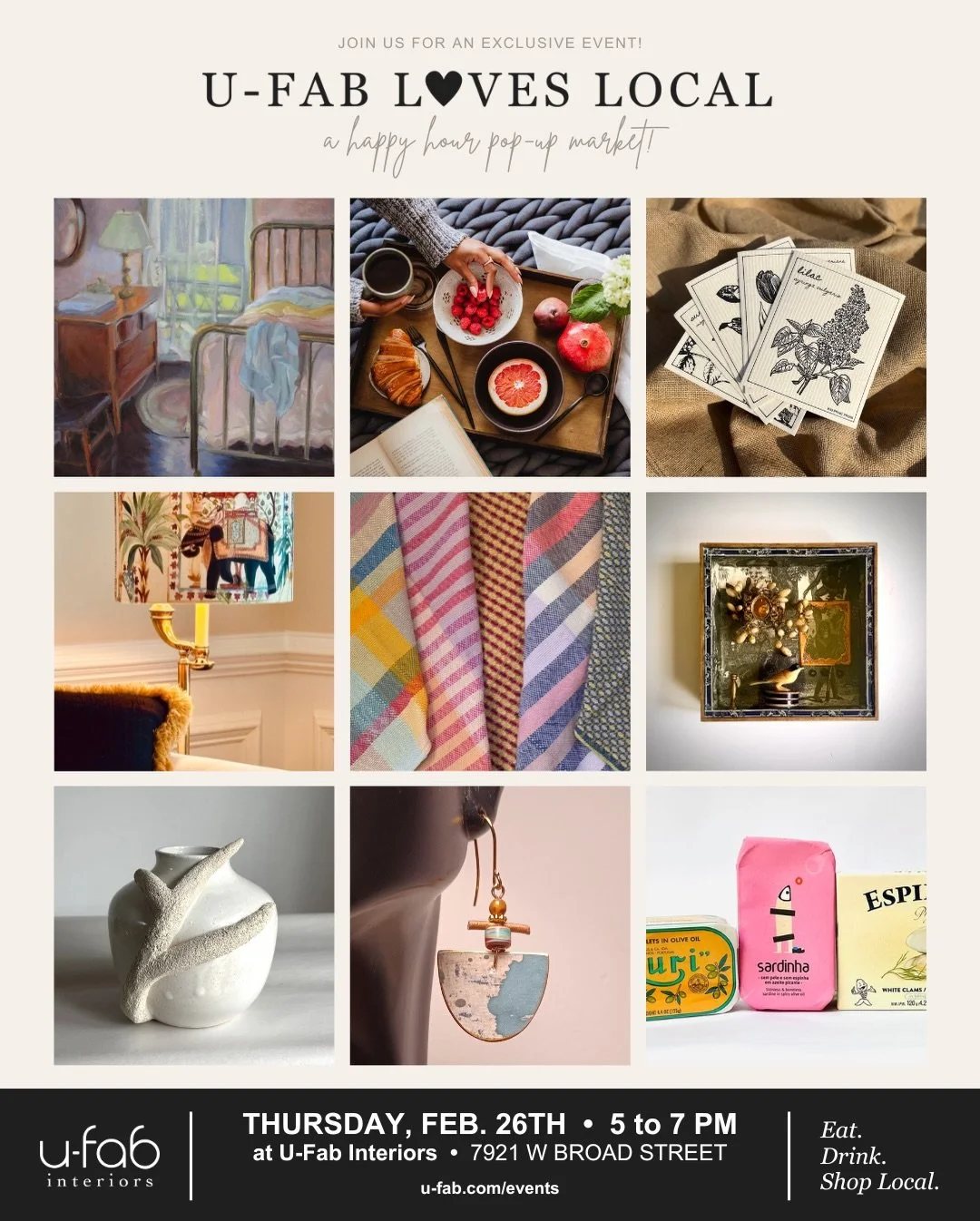 U-Fab Loves Local is tomorrow, Thursday, February 26th! Join us for an evening of local shopping, with complimentary refreshments and small bites from @tuckahoeseafood! We can&rsquo;t wait to see you there!

Make sure to visit u-fab.com/events to let