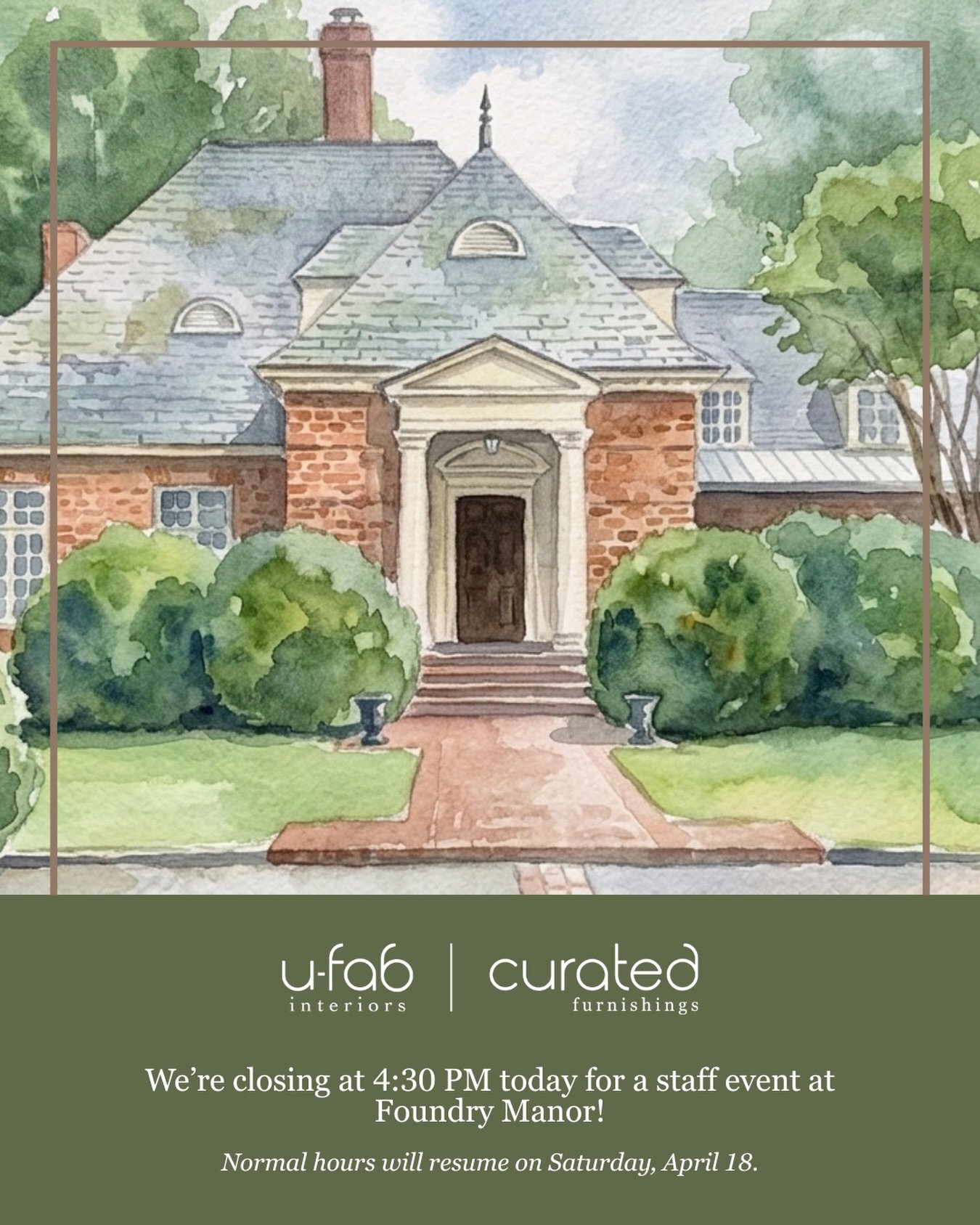 Both of our stores will be closing at 4:30 PM today, Friday, April 17th, for a staff event at Foundry Manor.

Normal hours will resume on Saturday, April 18th.

Thank you for understanding!