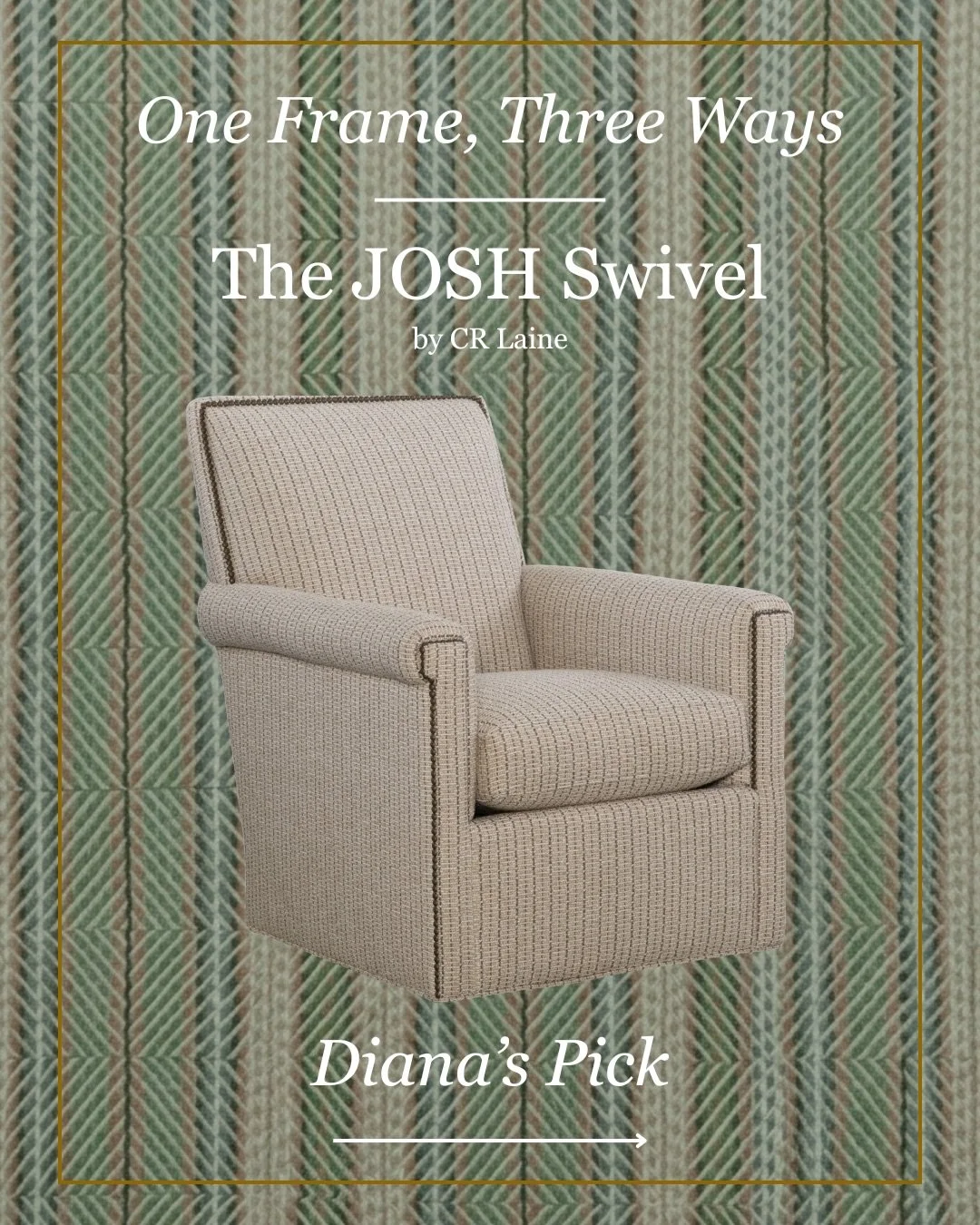 We asked three of our Design Consultants to style the Josh Swivel Chair by @crlaine for this month&rsquo;s One Frame, Three Ways series. We&rsquo;re sharing Diana&rsquo;s pick first, as seen at @foundrymanor!

Swipe through to explore all the fabrics