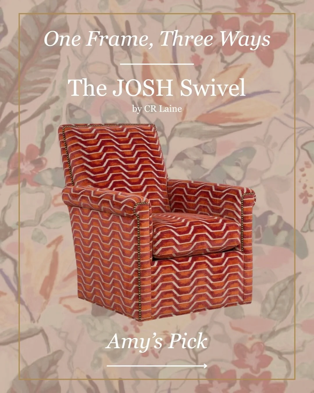 Closing out our One Frame, Three Ways series: Designer Amy Spearing&rsquo;s interpretation of the Josh Swivel Chair by @crlaine

Swipe through to see the fabrics and details behind her selections. And if you&rsquo;ve been following along, we&rsquo;d 
