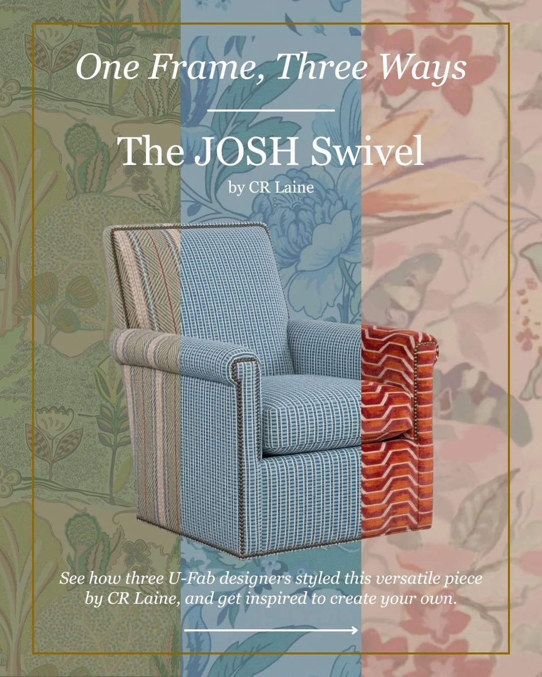 One frame, three completely different looks.

We asked Design Consultants Diana, Julie, and Amy to put their own spin on the Josh Swivel Chair by @crlaine, and the results were so unique! From a cedar and blush living room inspired by the wooded surr