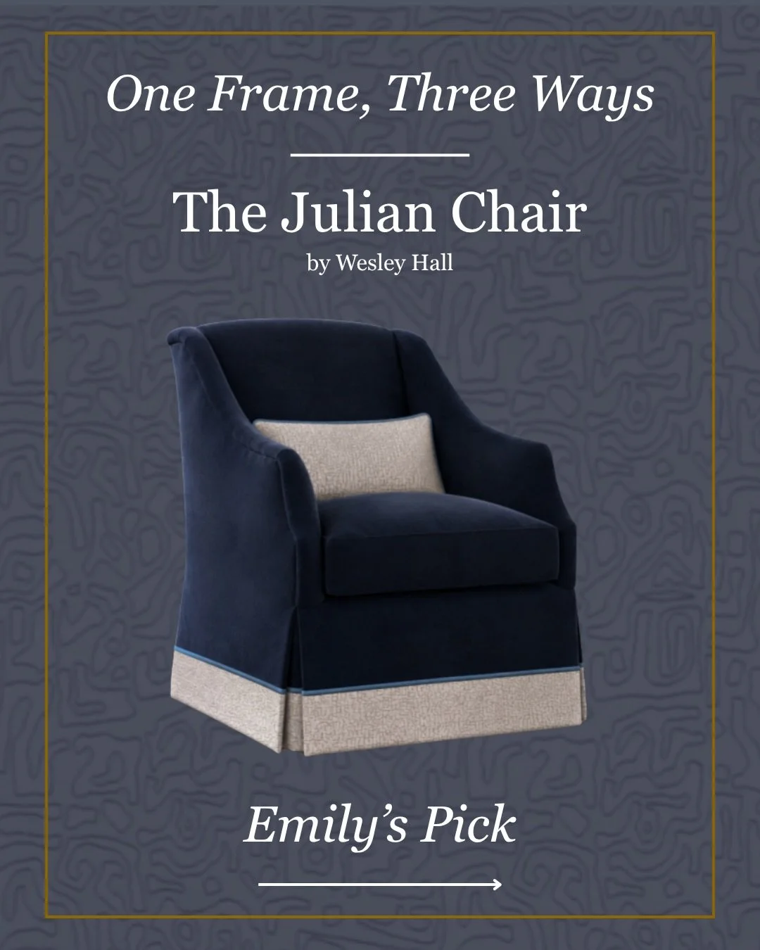 One chair, three completely different points of view. For the first installment of this month&rsquo;s One Frame, Three Ways series, we&rsquo;re featuring Emily&rsquo;s take on @wesleyhallfurniture&rsquo;s Julian Chair.

Swipe through to see how Emily