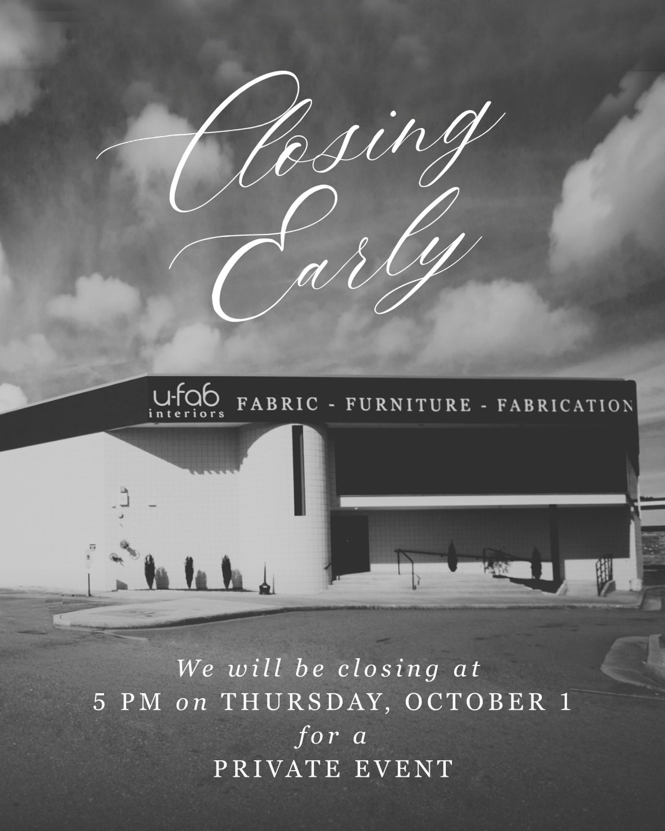Please note: we&rsquo;re closing at 5 PM on Thursday, October 1, for a private event! ✨