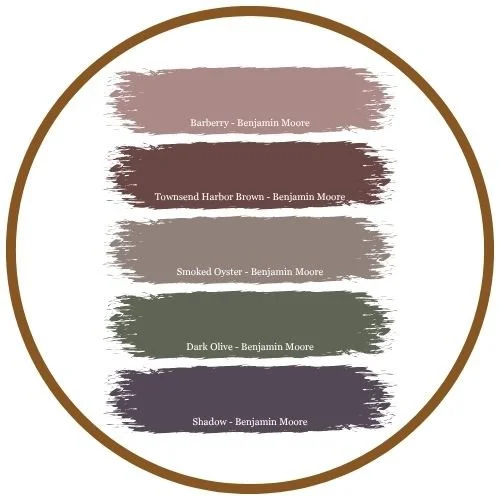 A series of paint swatches showing Benjamin Moore's most popular picks for dark, moody spaces.