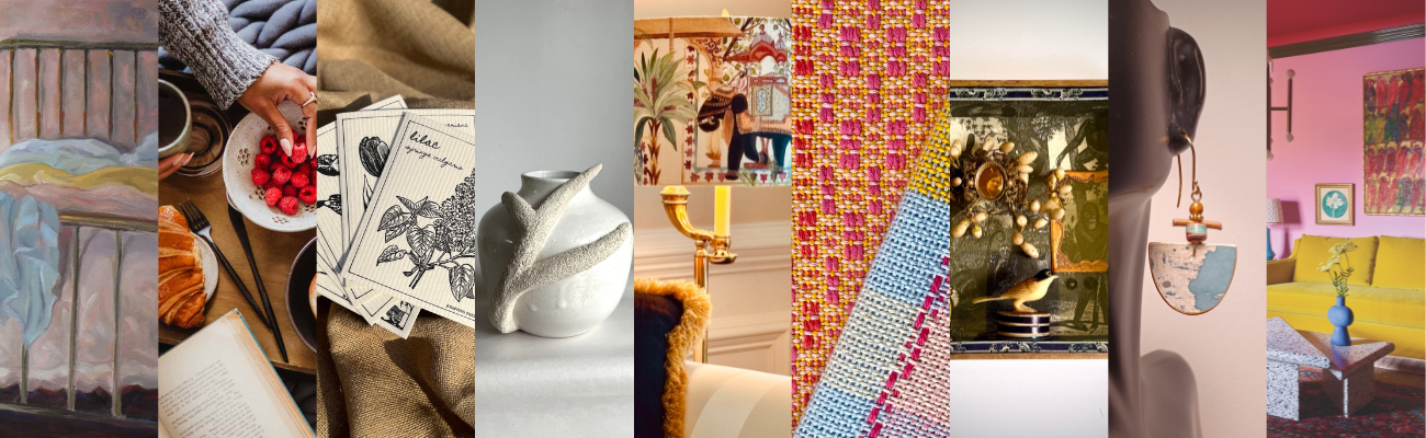 A collage of various home decor and interior design items, including art, furniture, and decorative objects.