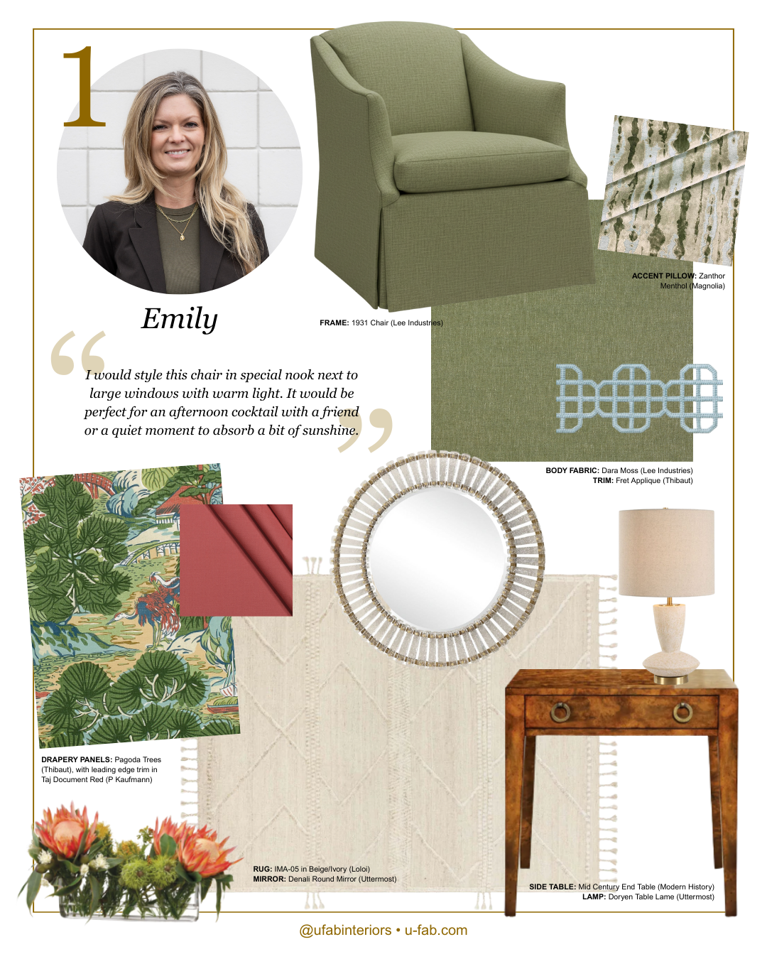Design board featuring the Lee 1931 chair in Dara Moss fabric with skirt trim, Zanthor Menthol pillow, IMA-05 rug, Pagoda Trees drapery, burl side table, and fresh florals.