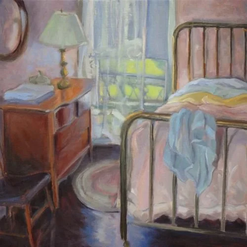 A painted interior scene of a bedroom with a metal bed frame, a bedside table with a lamp, some books, and a chair. There is a window with curtains showing greenery outside.