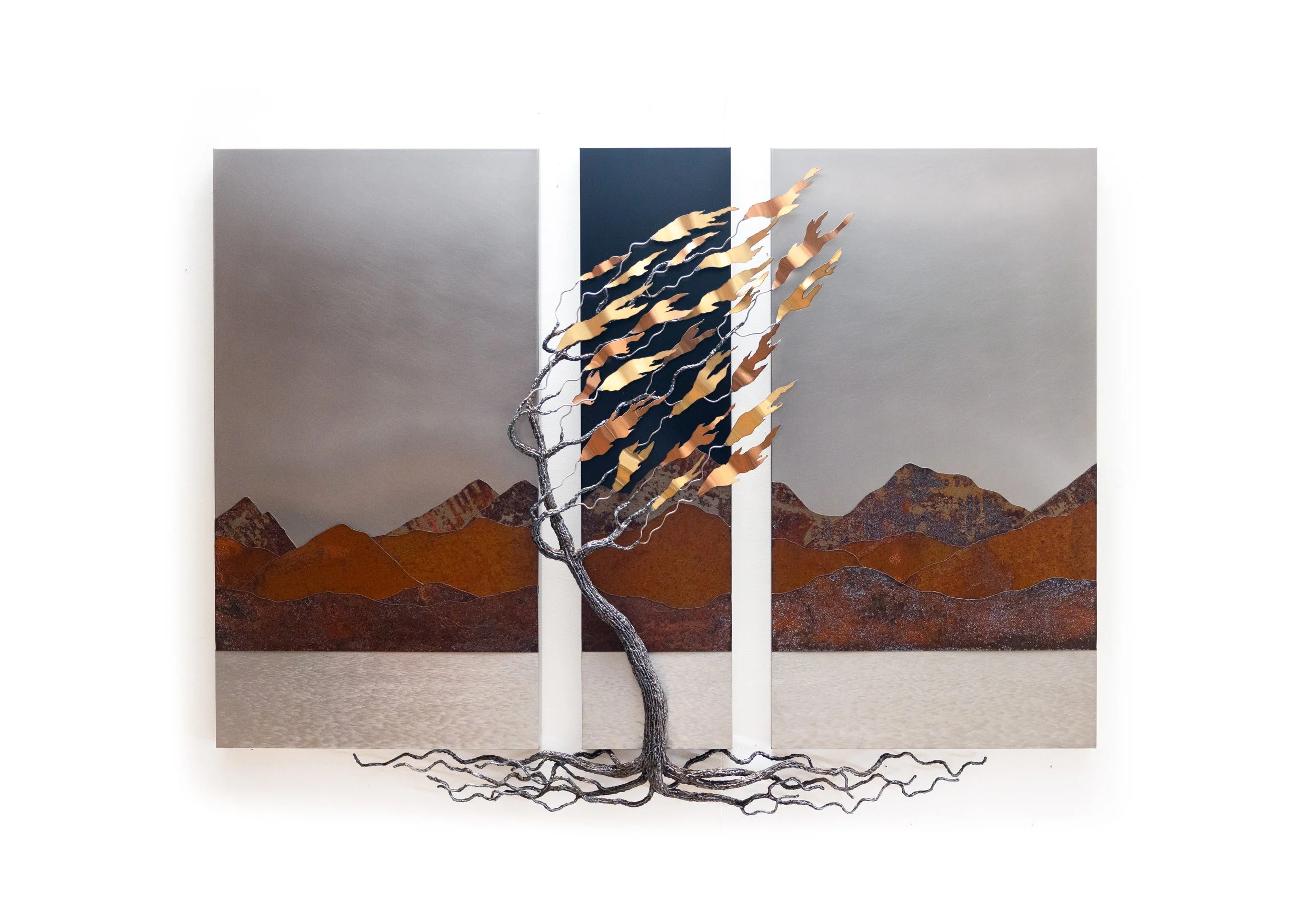 Rooted by a River #26-197  
54"x72"x5"          
coated and uncoated stainless steel 
$ 12,000    