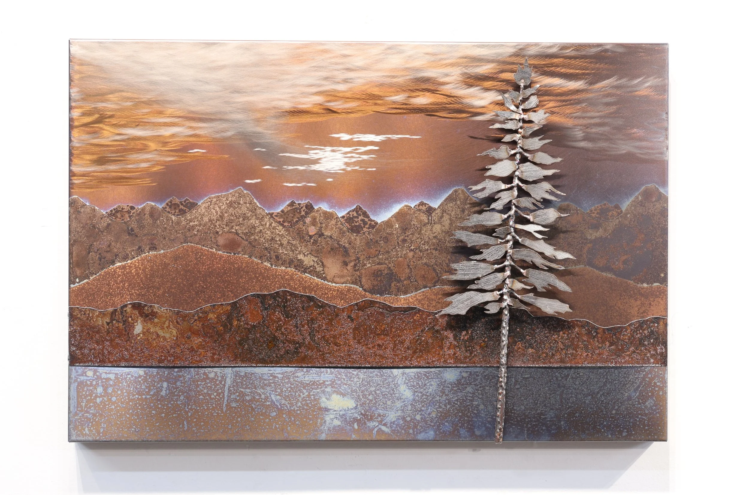 Dusk in the Mountains #26-172  
20"x30"x3"          
coated and uncoated stainless steel 
$ 2000    