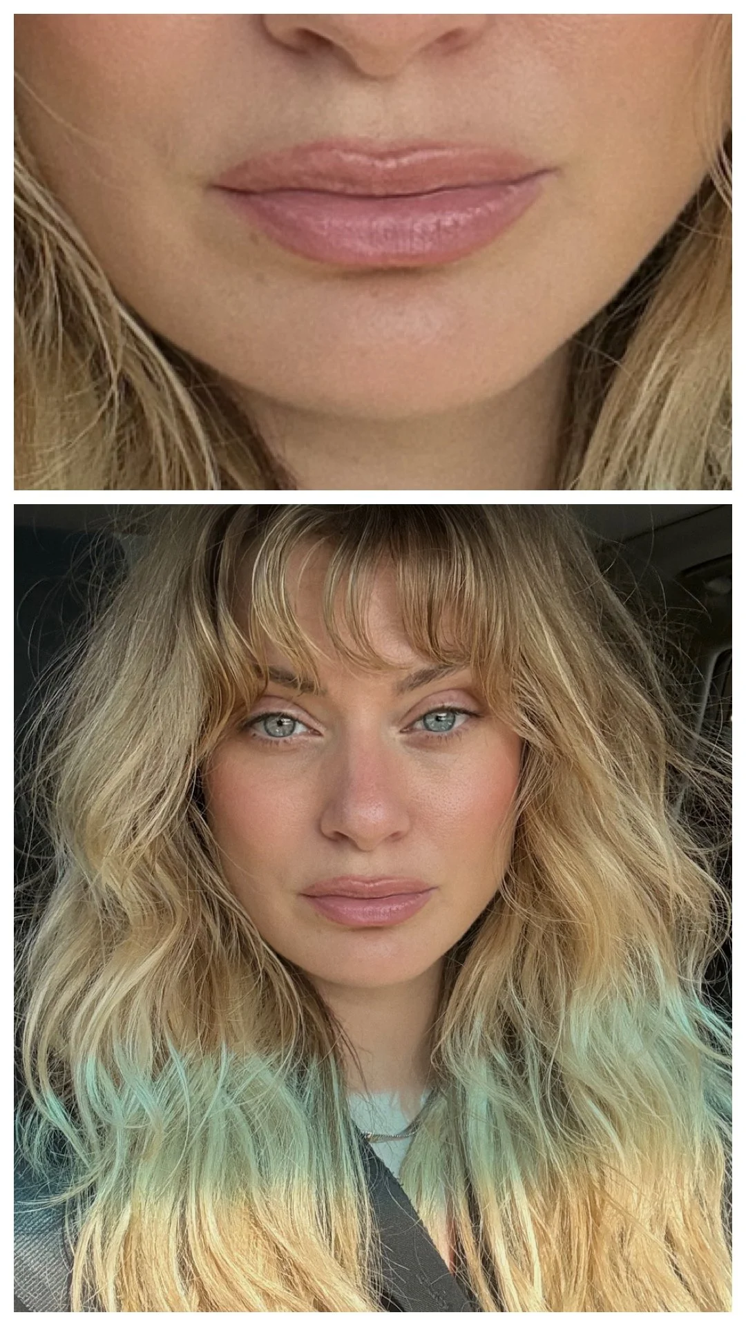 Close-up of a woman's face with long wavy blonde hair, blue eyes, and light makeup, in a car.