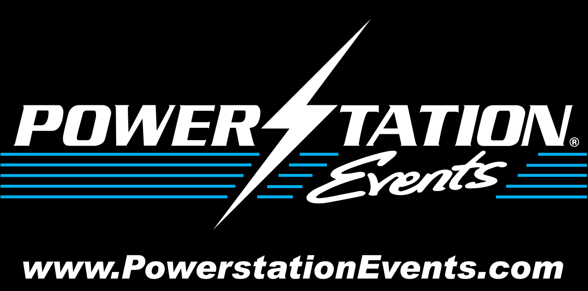 Logo of Power Station Events with a lightning bolt, blue lines, and the website www.PowerstationEvents.com