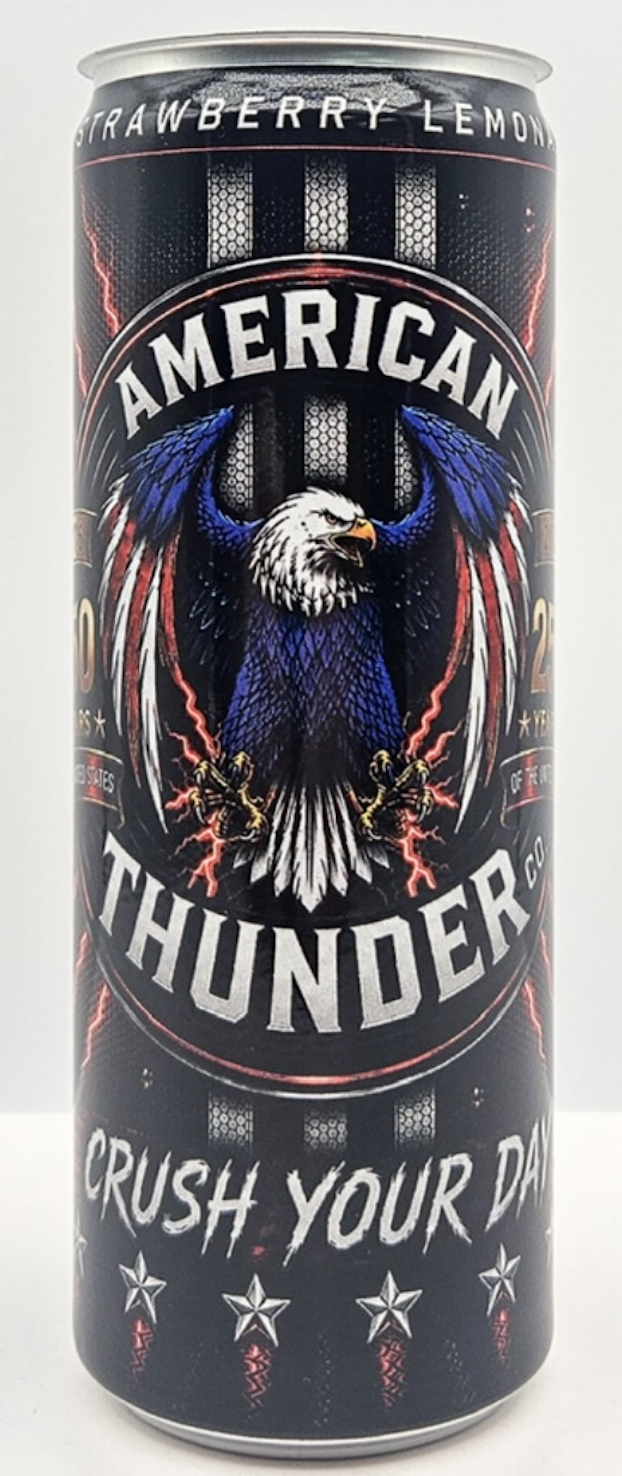 A can of American Thunder energy drink featuring an eagle with blue wings and red lightning bolts, with text that reads "Crush Your Day."