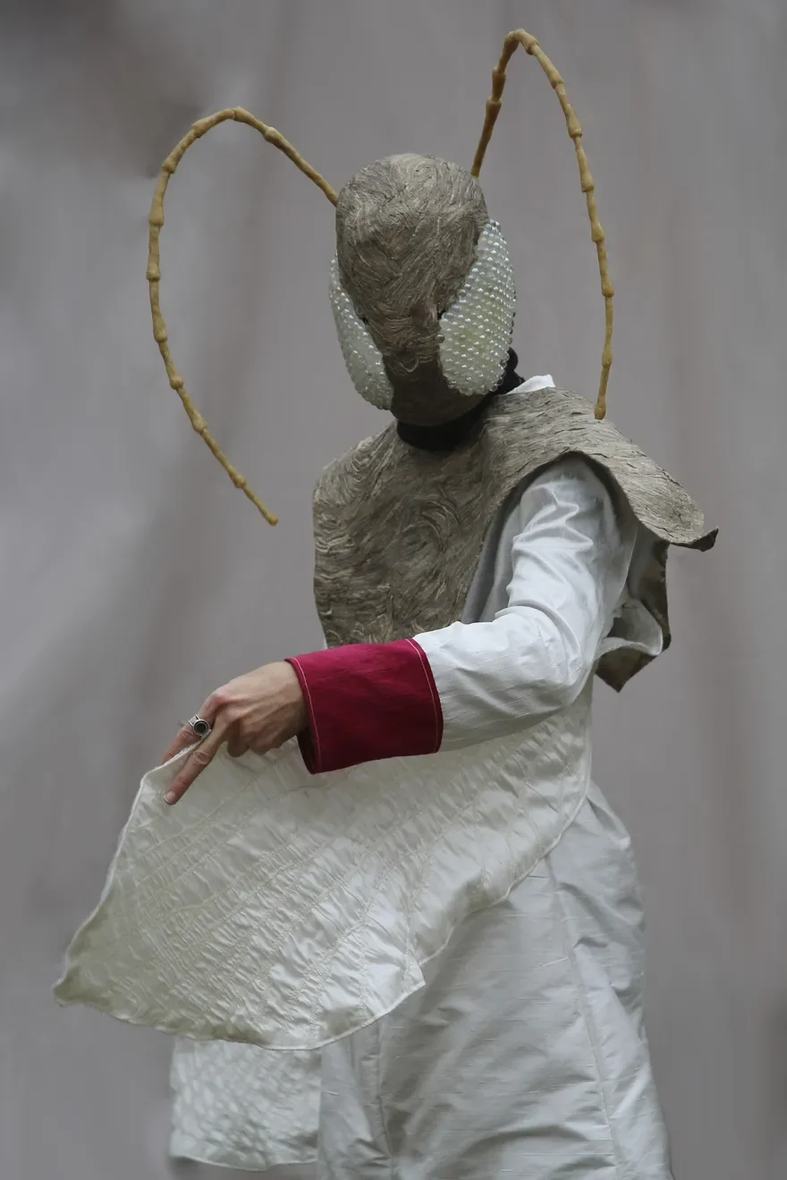 Costume made from products of silkworms, paper wasps, honey bees, cochineal bugs and lac insect by Barrett Klein.