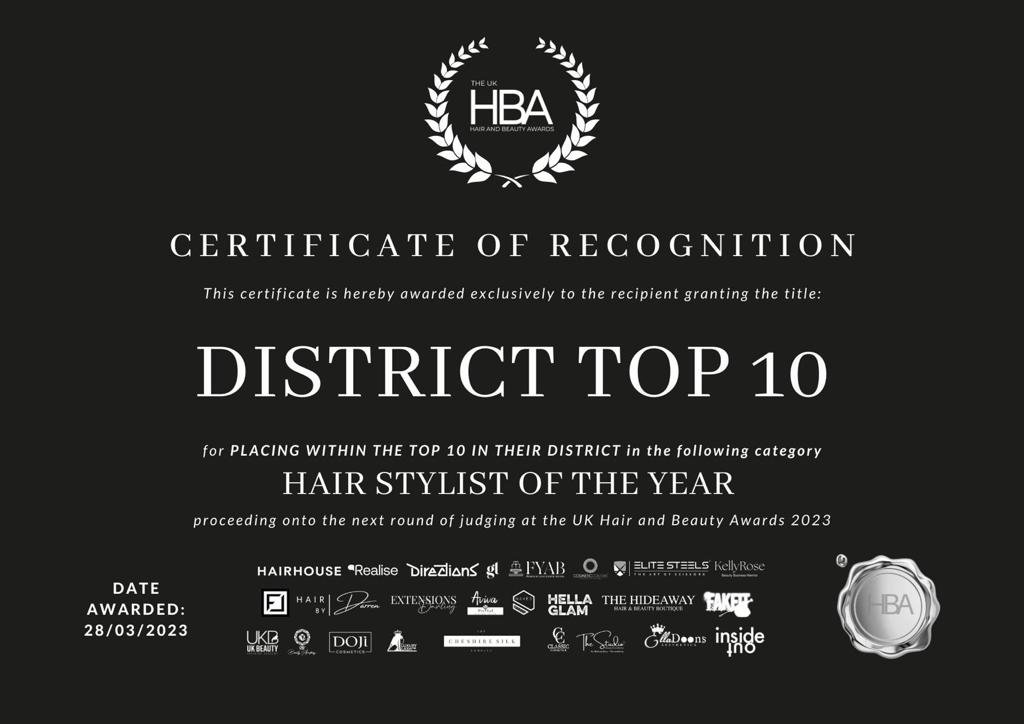 Certificate of Recognition for District Top 10 in Hair Stylist of the Year category at UK Hair and Beauty Awards 2023. Date awarded: 28/03/2023. Various sponsor logos at the bottom.