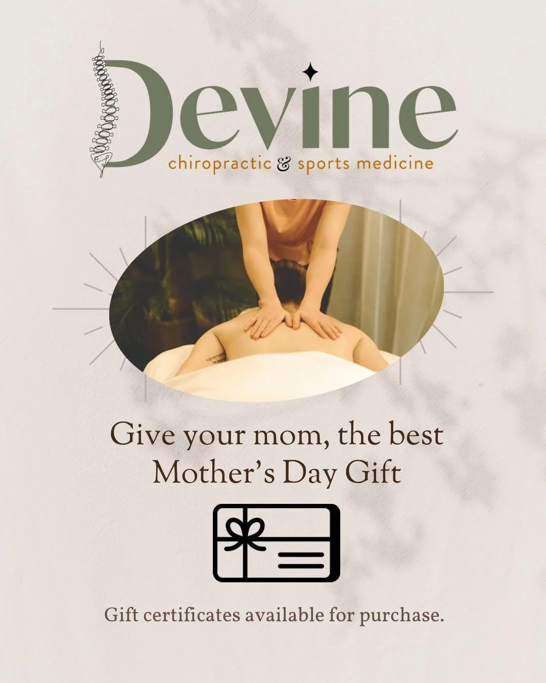 Give your mom the gift of relaxation! Stop by during office hours to pick up a gift certificate.
